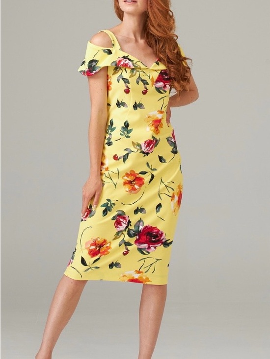 Joseph Ribkoff Dresses & Skirts - Joseph Ribkoff Yellow Floral Cold-Shoulder Midi Dress